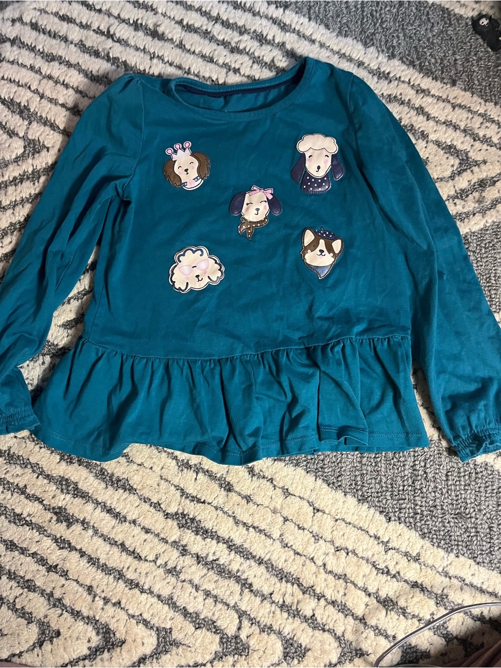Isaac Mizrahi Teal Long-Sleeve Peplum Top with Puppy Patches